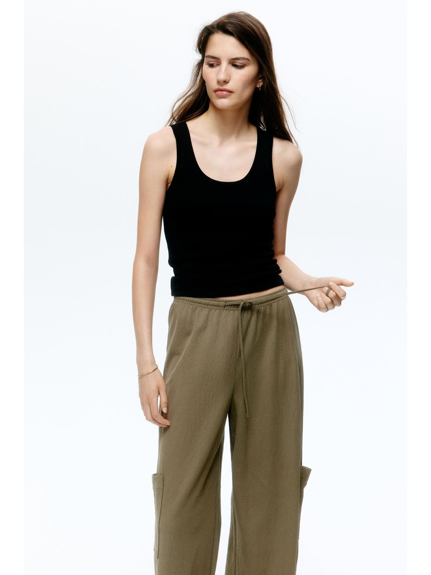 h&m Women Green Cargo Drawstring Trousers-picture-12