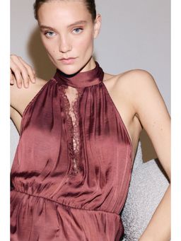 H&M - Women Red Lace-Trimmed Halterneck Playsuit