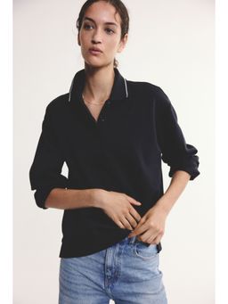 H&M - Women Blue Cotton-Blend Polo Shirt