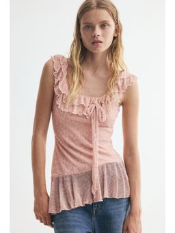 H&M - Women Pink Frill-Trimmed Mesh Top