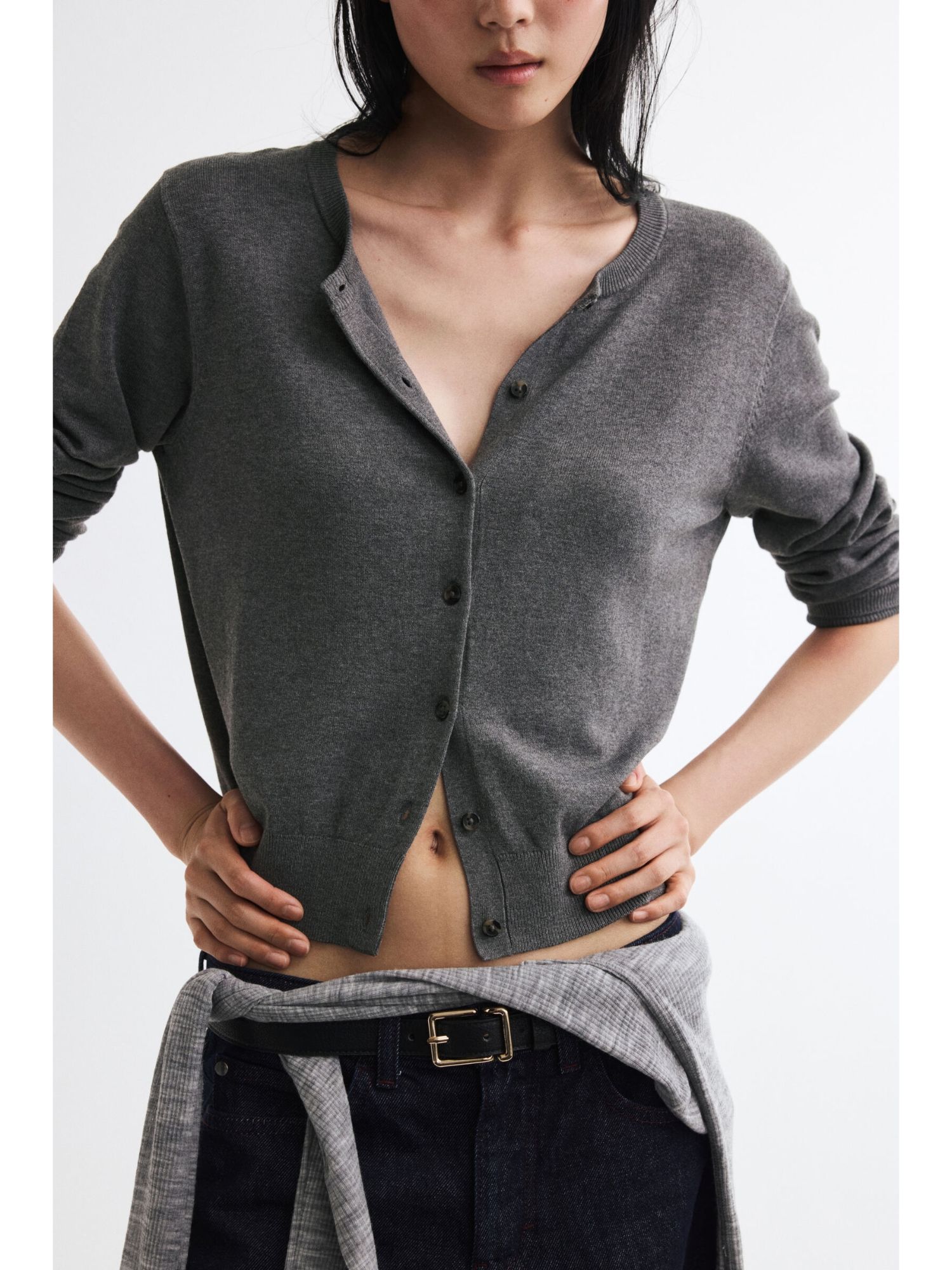 Women Grey Fine-Knit Cardigan-image-1