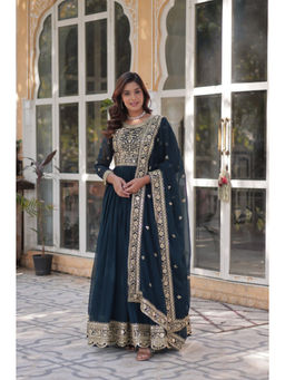 JATRIQQ - Teal Blooming with Embroidery Zari Sequins-Work Gown with Dupatta (Set of 2)