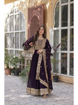 JATRIQQ - Wine Blooming with Embroidery Zari Sequins-Work Gown with Dupatta (Set of 2)