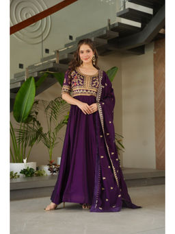 JATRIQQ - Purple Silk with Sequins-Multi and Zari Embroidered Work Gown with Dupatta (Set of 2)