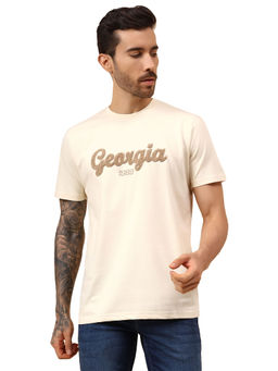 Cantabil - Men's Cream Half Sleeves Casual T-shirt