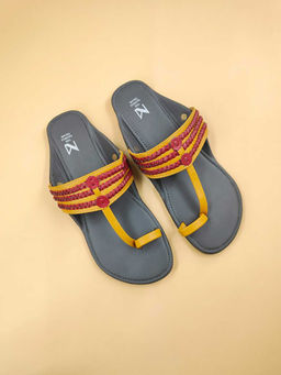 The Madras Trunk - Women Dark Grey & Yellow Kolhapuris