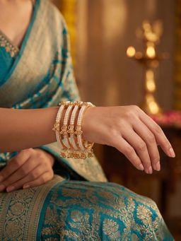 Adwitiya - Womens Kashmiri Pearl-Encrusted Bangles with Metallic Bell Latkans (Pack of 4)
