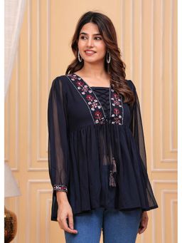 Kipek - Womens Navy Blue Floral Embroidered Top