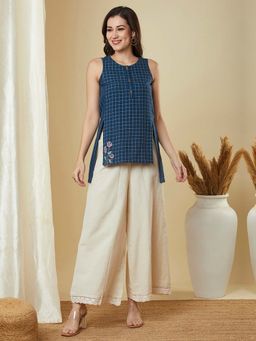 Kami Kubi - Navy Blue Checks Cotton Embroidery Detailing Top