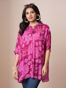Kami Kubi - Pink Floral Printed Mandarin Neck Top