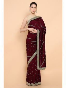 Soch - Women Maroon Cotton Embroidered Saree with Unstitched Blouse