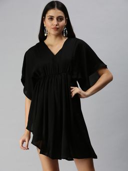 SHOWOFF - Women Black Solid V-Neck A-Line Dress