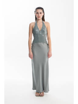 SOTBELLA - Grey Satin Sequin Halter Top and Skirt