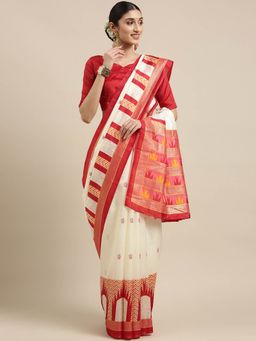 Sareemall - Off White Festive Silk Blend Printed Saree with Unstitched Blouse