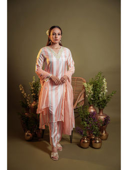 Heeposh - Stripe Printed And Embroidered Neck Kurta with Trouser & Dupatta (Set of 3)