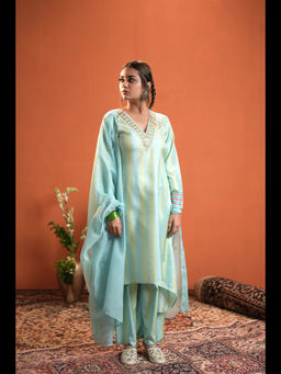 Heeposh - Stripe Printed And Embroidered Neck Kurta with Trouser & Dupatta (Set of 3)