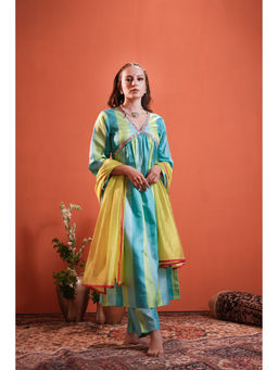 Heeposh - Stripe Printed And Embroidered Neck Kurta with Trouser & Dupatta (Set of 3)