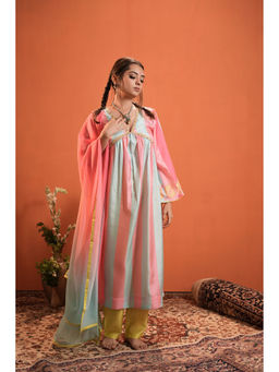 Heeposh - Stripe Printed And Embroidered Neck Kurta with Trouser & Dupatta (Set of 3)