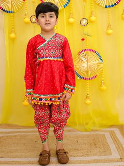 BownBee - Pure Cotton Navratri Angarakha Style Kedia With Dhoti For Boys - Pink