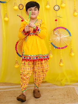 BownBee - Pure Cotton Navratri Angarakha Style Kedia With Dhoti For Boys - Yellow