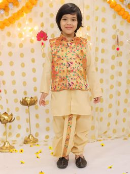BownBee - Festive Jacquard jacket With Solid Dhoti Kurta For Boys - Beige