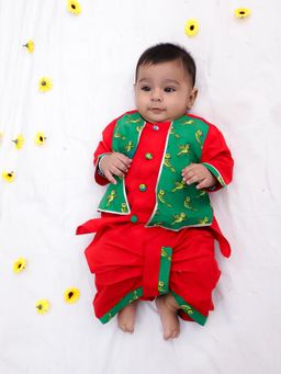 BownBee - Pure Cotton Parrot printed Dhoti & Kurta With Attach Jacket - Red