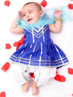 BownBee - Pure Cotton Lurex Kurti With Dhoti For Infant Girls - Blue