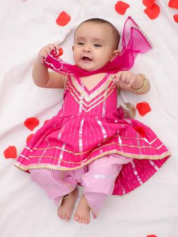 BownBee - Pure Cotton Lurex Kurti With Dhoti For Infant Girls - Pink
