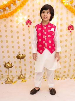 BownBee - Festive Pure Chanderi Jacket With Kurta Pajama For Boys - Pink