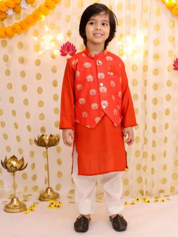 BownBee - Festive Pure Chanderi Jacket With Kurta Pajama For Boys - Rust