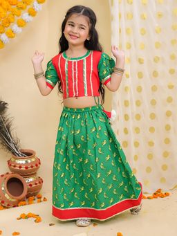 BownBee - Pure Cotton Parrot Printed Short puff Sleeves Lehenga Choli For Girls- Red