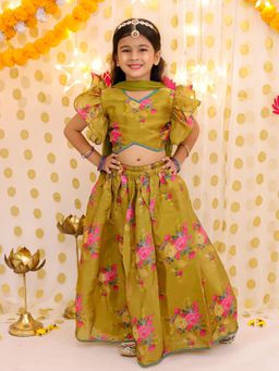 BownBee - Flared Sleeves Lehenga Choli With Dupatta Set For Girls - Mustard