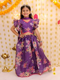 BownBee - Flared Sleeves Lehenga Choli With Dupatta Set For Girls - Purple