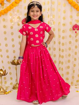 BownBee - Short Sleeves Chanderi Lehenga Choli With Dupatta Set For Girls - Pink