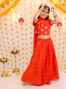 BownBee - Short sleeves Chanderi Lehenga Choli With Dupatta Set For Girls - Rust