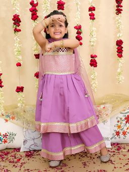 BownBee - Ethnic Sleeveless Kurta With Dupatta and Palazzo Set For Girls - Lavender