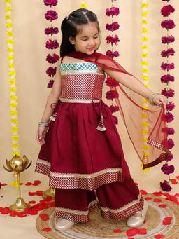 BownBee - Ethnic Sleeveless Kurta With Dupatta and Palazzo Set For Girls - Maroon