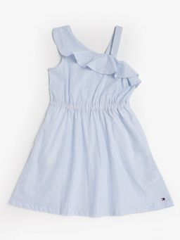 Tommy Hilfiger - Girls Cotton Asymmetric Neck A-Line Dress - Blue