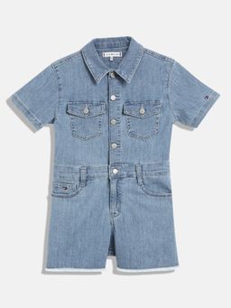 Tommy Hilfiger - Girls Solid/Plain Regular Fit Cotton Playsuit - Blue