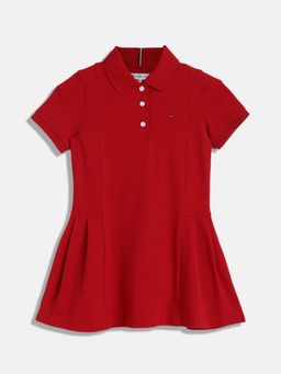 Tommy Hilfiger - Girls Solid/Plain Regular Fit Cotton Dress - Red
