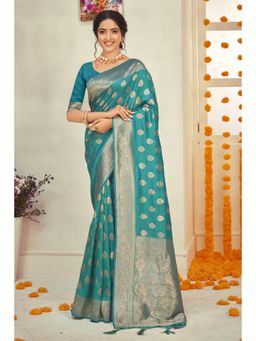Sangam Prints - Sky Blue Silk Woven Zari Work Traditional Tassel Saree with Unstitched Blouse
