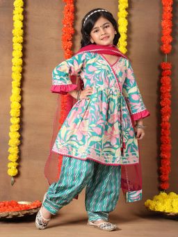 Superminis - Girls Teal Cotton Angrakha Kurta with Salwar and Dupatta