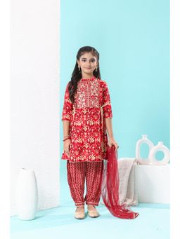 MASTARANG - Girls Red Printed Embroidered Kurta with Afghani Salwar