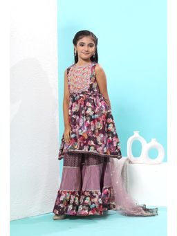 MASTARANG - Girls Purple Printed Embroidered Kurti with Sharara and Dupatta