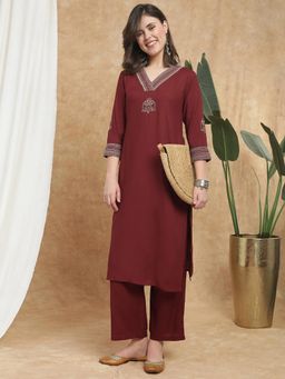 Globus - Women Maroon V-neck Embroidered Kurta and Pant