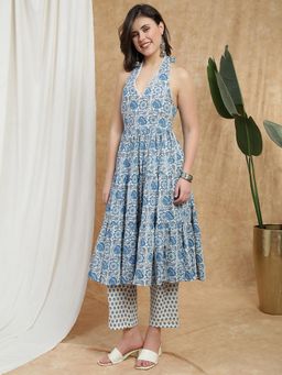 Globus - Women Blue Floral Print Lace Detail Kurta and Pant