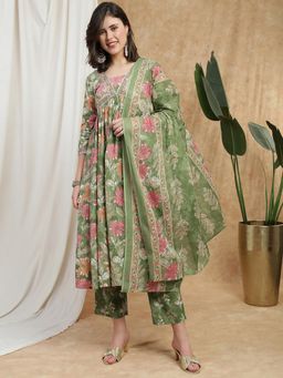 Globus - Women Green Floral Print V-neck Kurta Pant and Dupatta