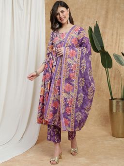 Globus - Women Purple Floral Print V-neck Kurta Pant and Dupatta