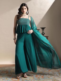 Globus - Women Teal Sequin Embroidered Top Palazzo and Dupatta