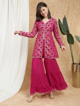 Globus - Women Pink V-neck Mirror Work A-line Tunic and Sharara